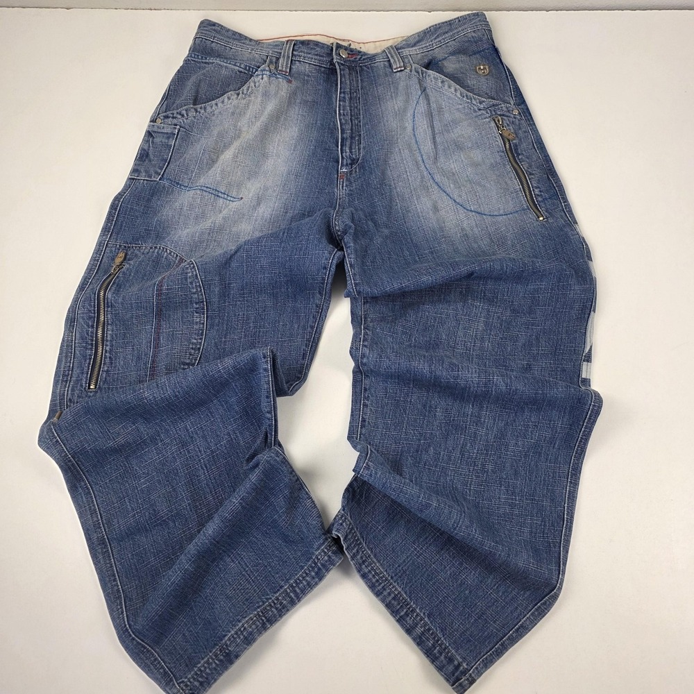 VTG Y2K Phat Farm Jeans Mens 40x33 Blue Relaxed Baggy Denim Wide Leg Zip Hip Hop
